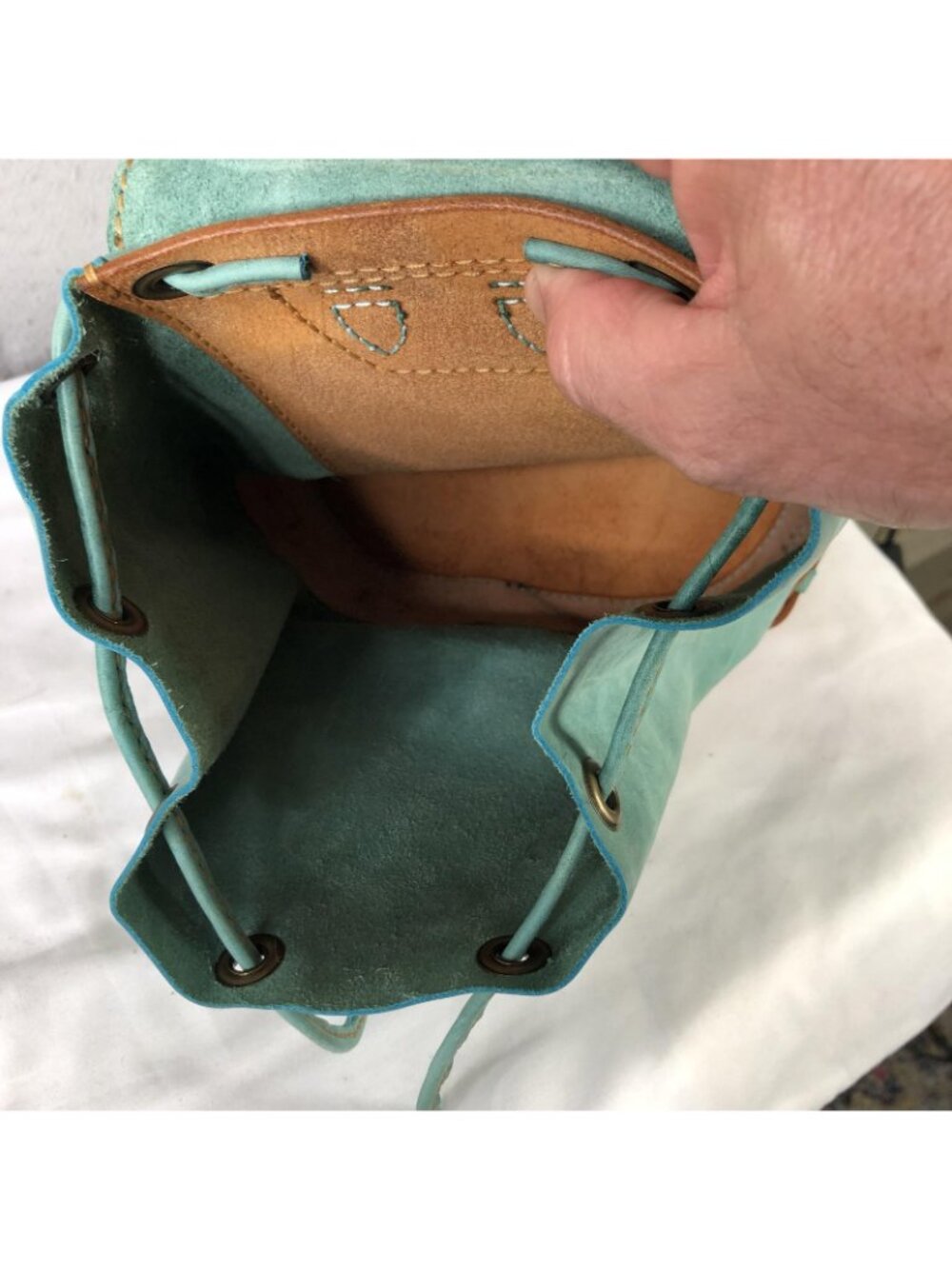 Bespoke Backpack Bag Womens Small Turquoise Brown Leather Boho Drawstring Casual - Picture 6 of 16